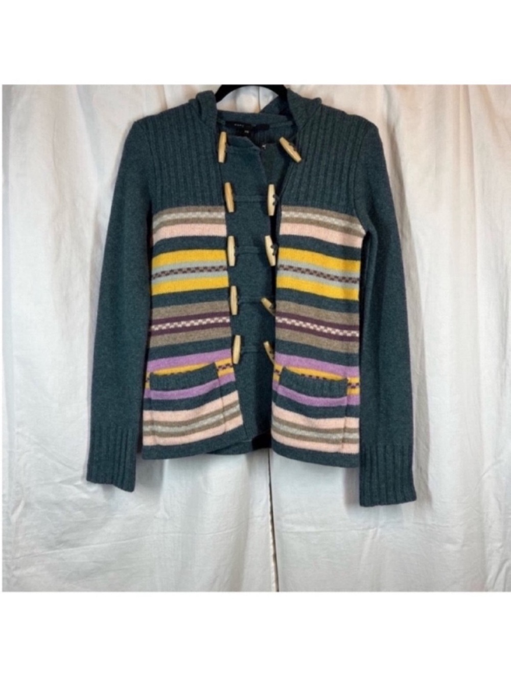 Marc Jacobs 100% lambs wool multi color striped hooded cardigan sweater